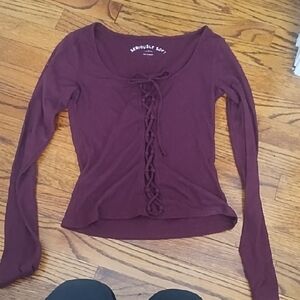 Aeropostale Maroon Lace-Up Long Sleeve Top